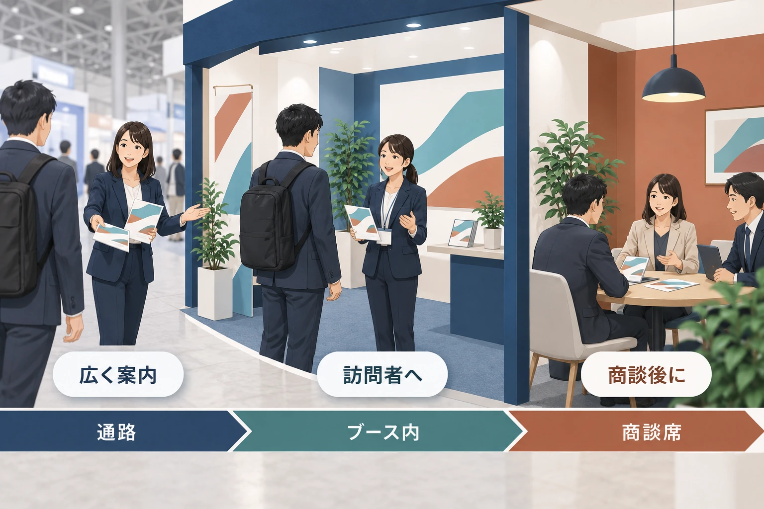 展示会の通路、ブース内、商談席で配布対象と目的を整理する図