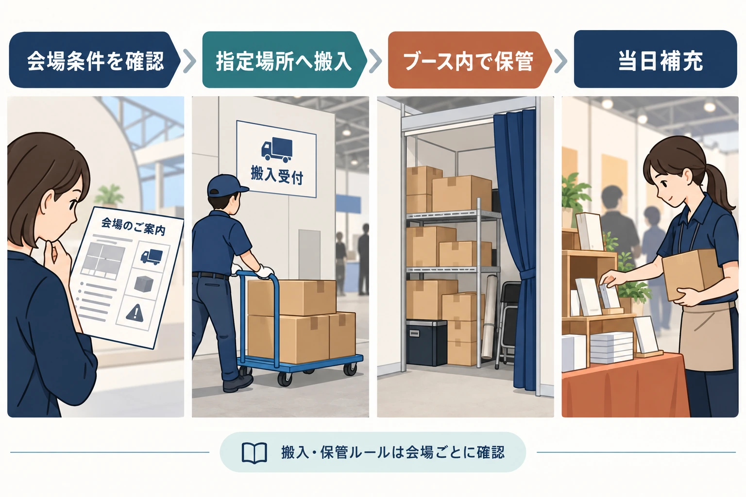 会場の搬入条件確認から指定場所への納品、保管、当日の補充までの流れ