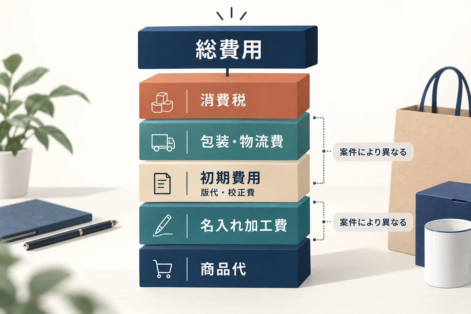 商品代、名入れ、初期費用、包装物流費、税を積み上げて総費用を考える図