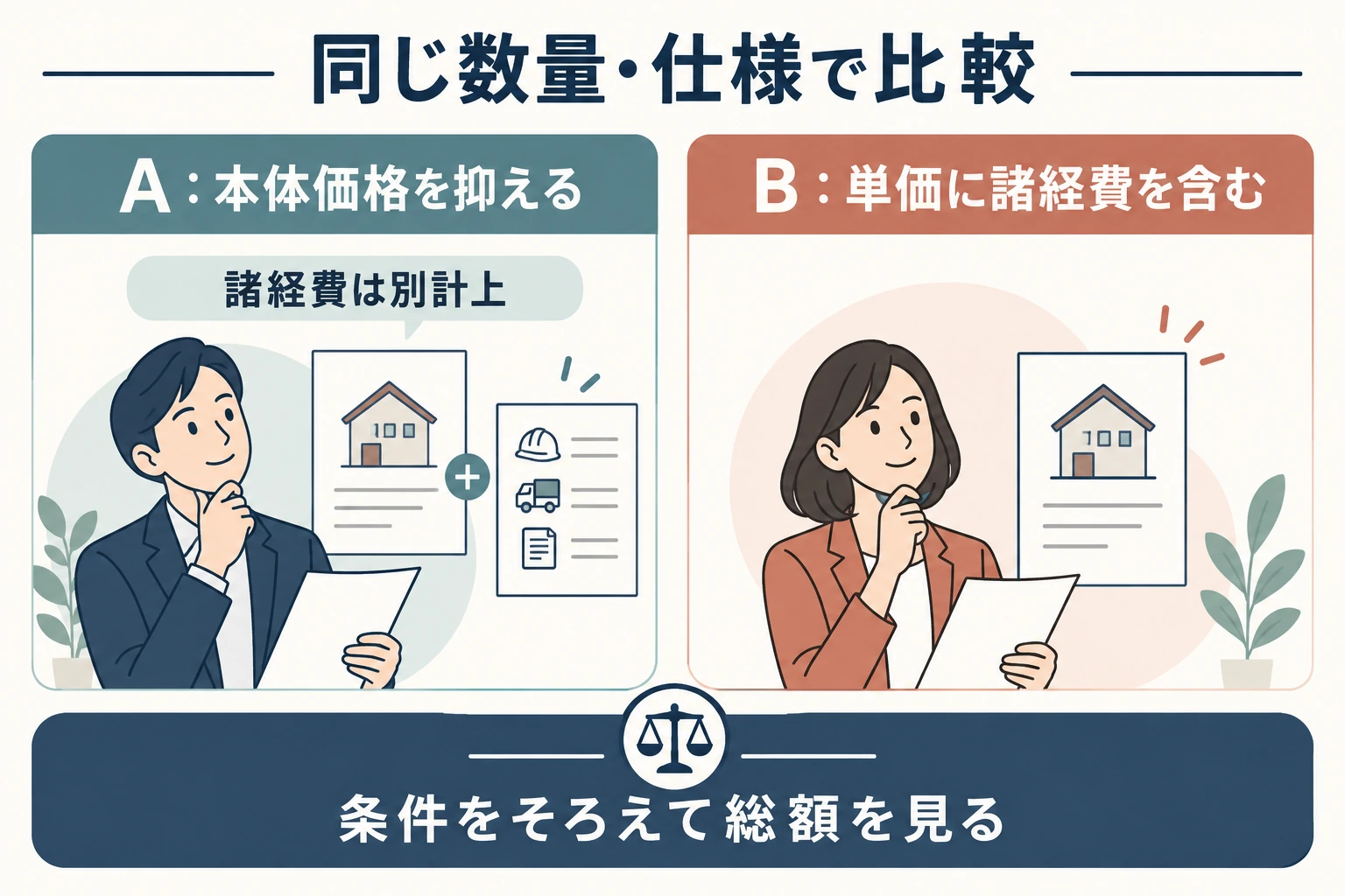 費目別の見積と費用込みの見積を同じ数量や仕様で比較する図