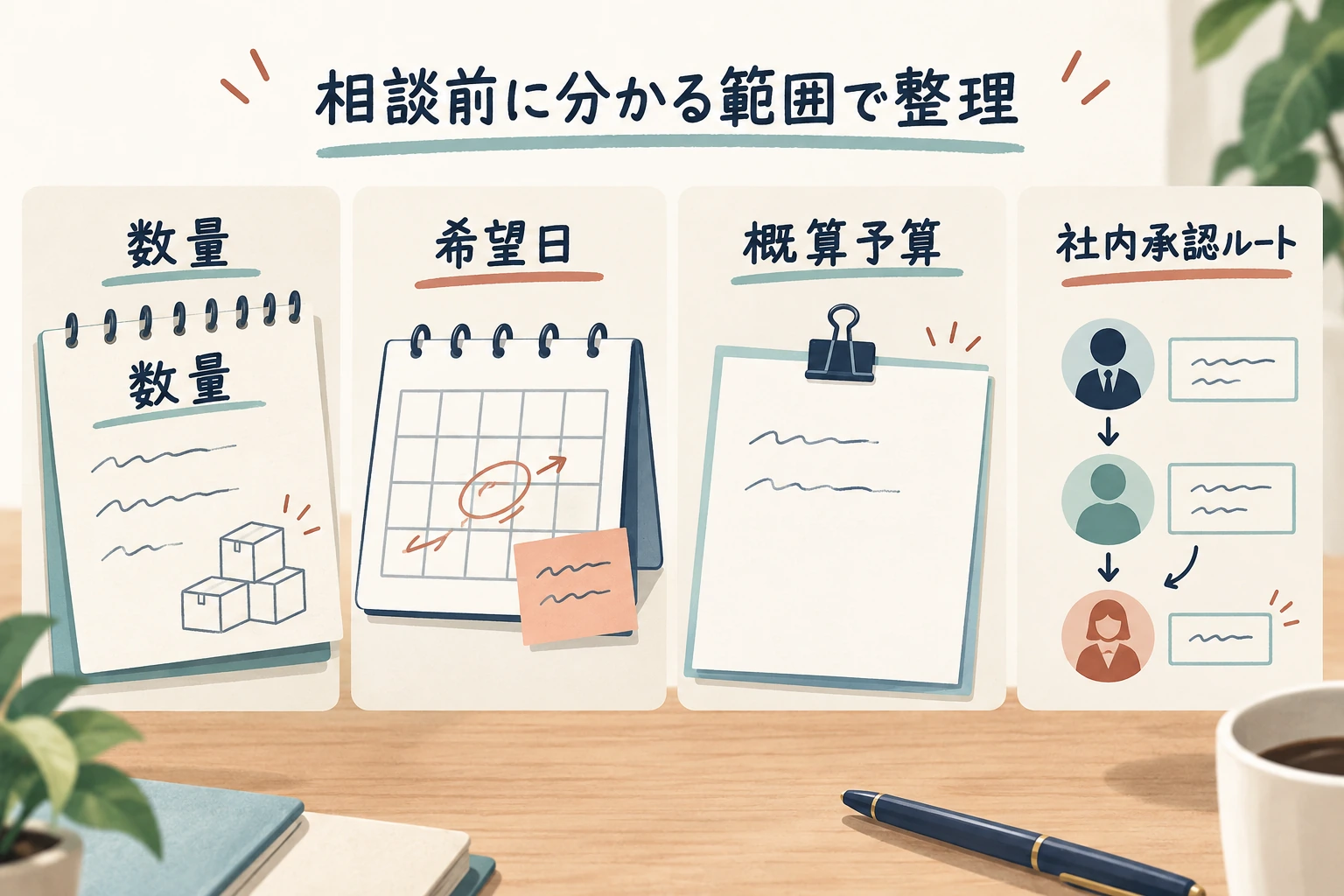 相談前に整理する数量、希望日、概算予算、社内承認ルートの一覧