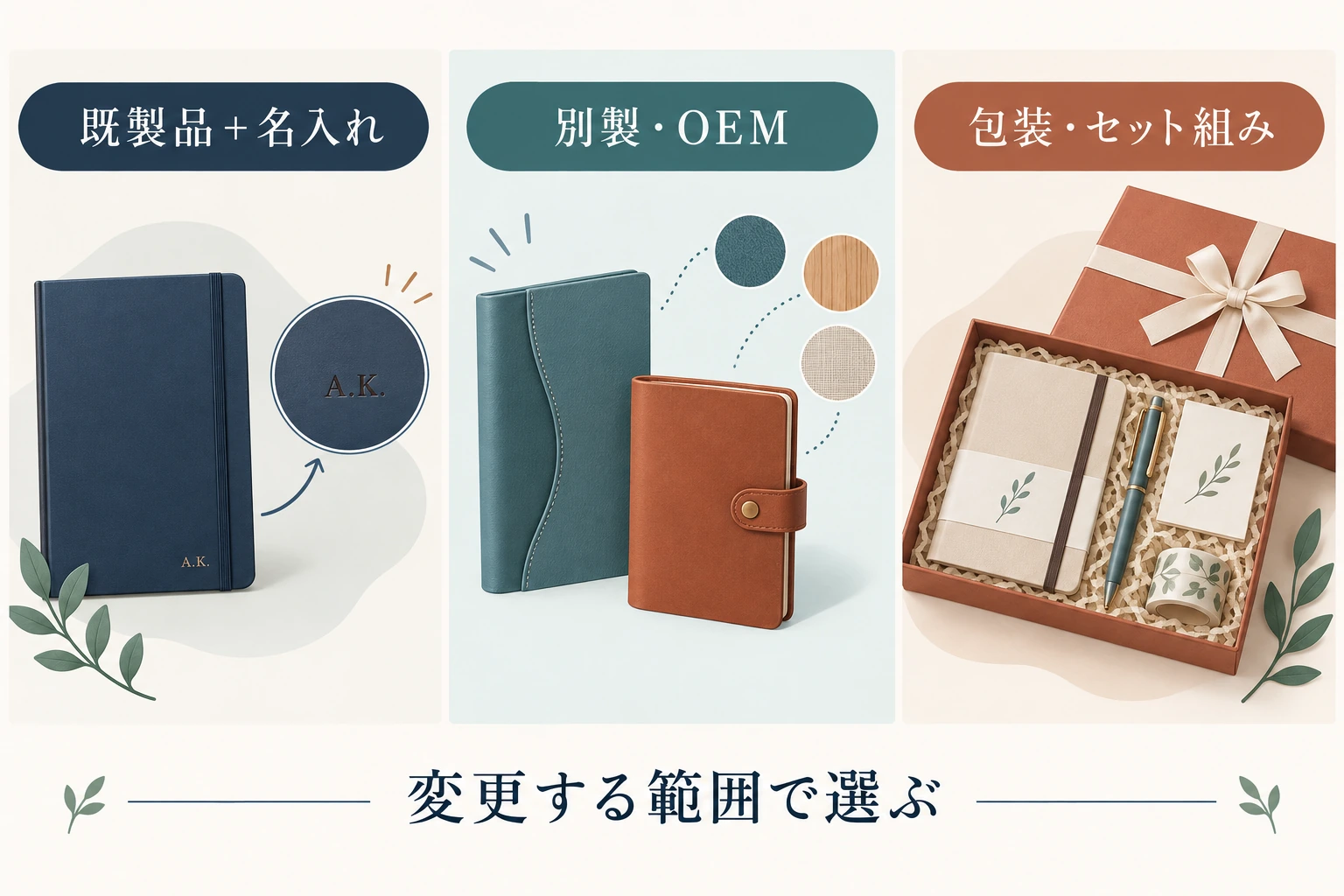 名入れ、別製OEM、包装セット組みで変更する範囲を分けた図