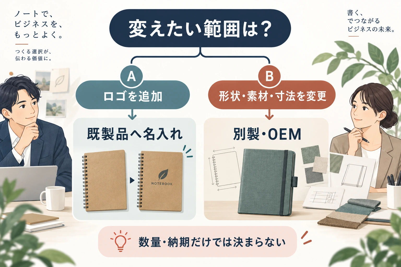 ロゴの追加か本体仕様の変更かで名入れと別製OEMを検討する分岐図