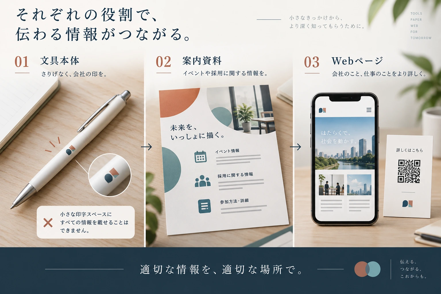 文具本体、案内資料、Webページで会社情報を分けて伝える図