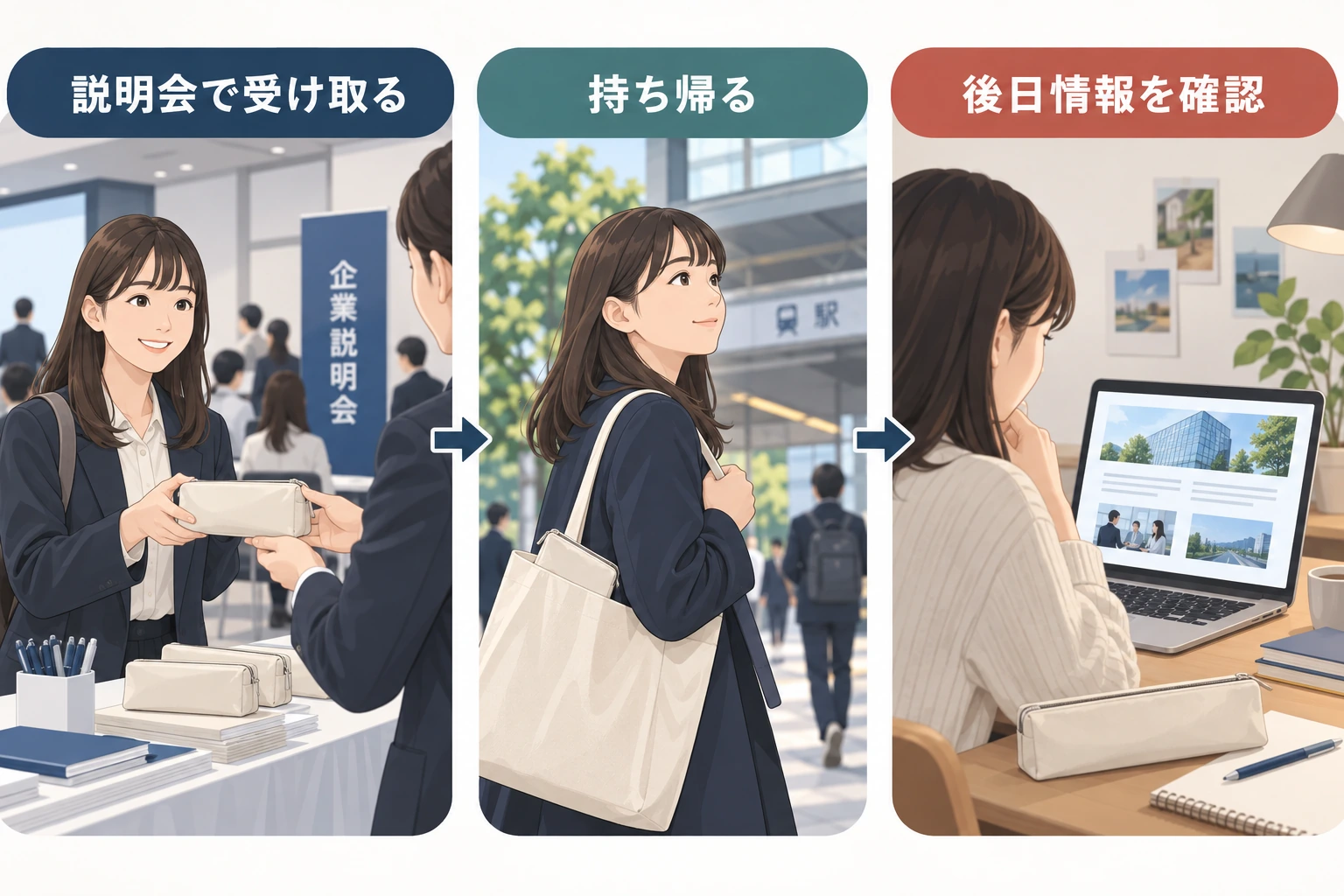 説明会での受け取りから持ち帰り、後日の採用情報確認までの流れ